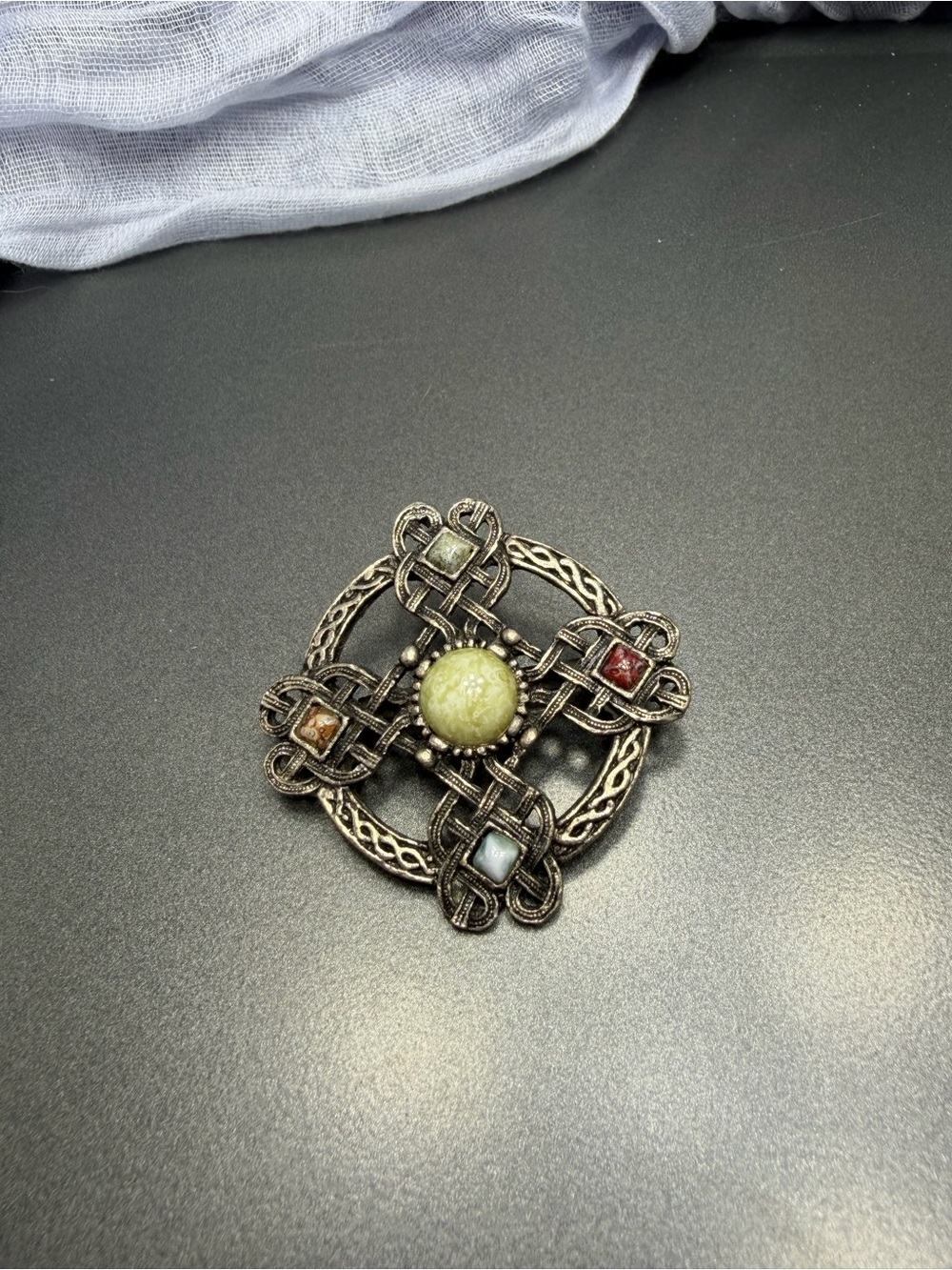 Vintage Celtic Knot Brooch with Multicolor Stones #21cel